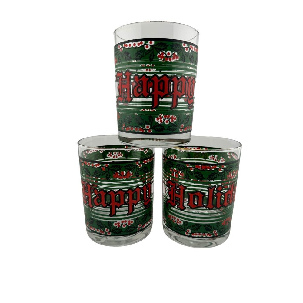 Vintage Houze Happy Holidays Whiskey Glasses Set of 3